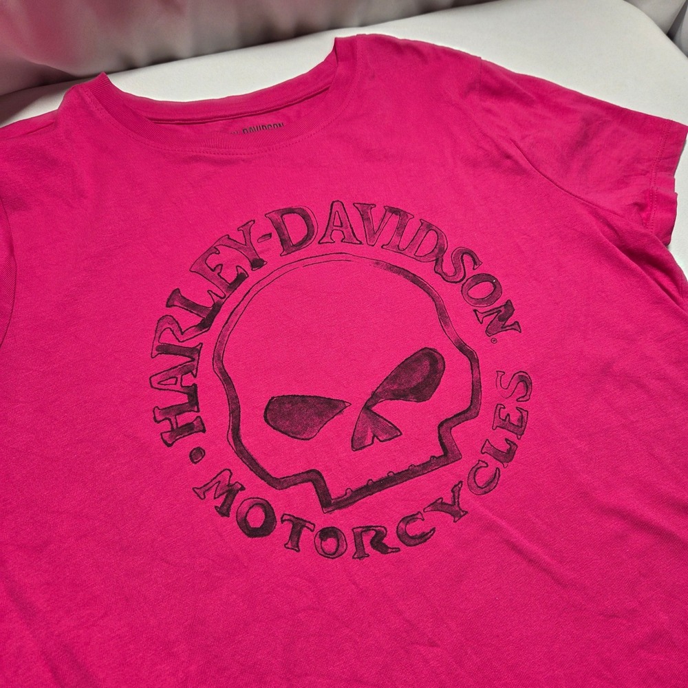 Harley-Davidson Womens Willie G Skull Graphic Tee Hot Pink Y2K Biker T-Shirt L